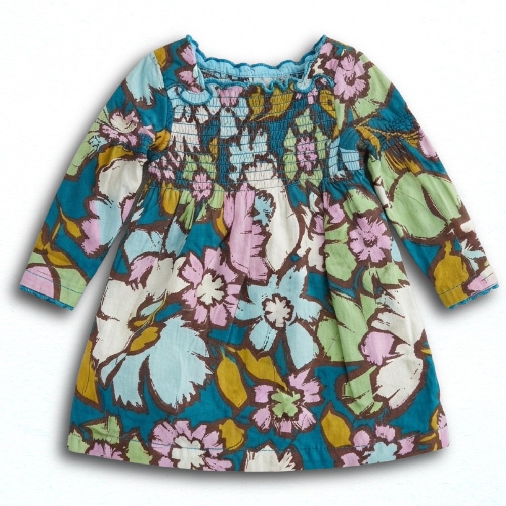 Old Navy Baby Girl Floral Smocked Long Sleeve Dress Teal Pink 12-18 Months